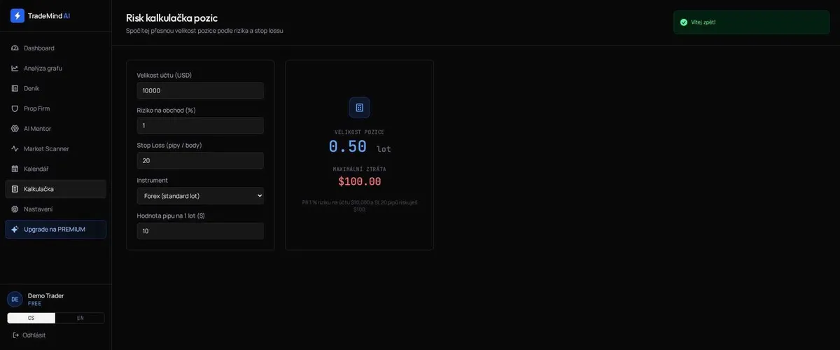 Risk kalkulačka pozic v TradeMind AI — výpočet velikosti pozice podle rizika a stop lossu