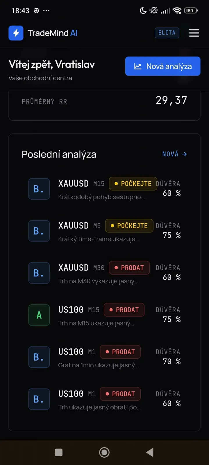 Mobilní dashboard TradeMind AI se sérií analýz a signály POČKEJTE a PRODAT